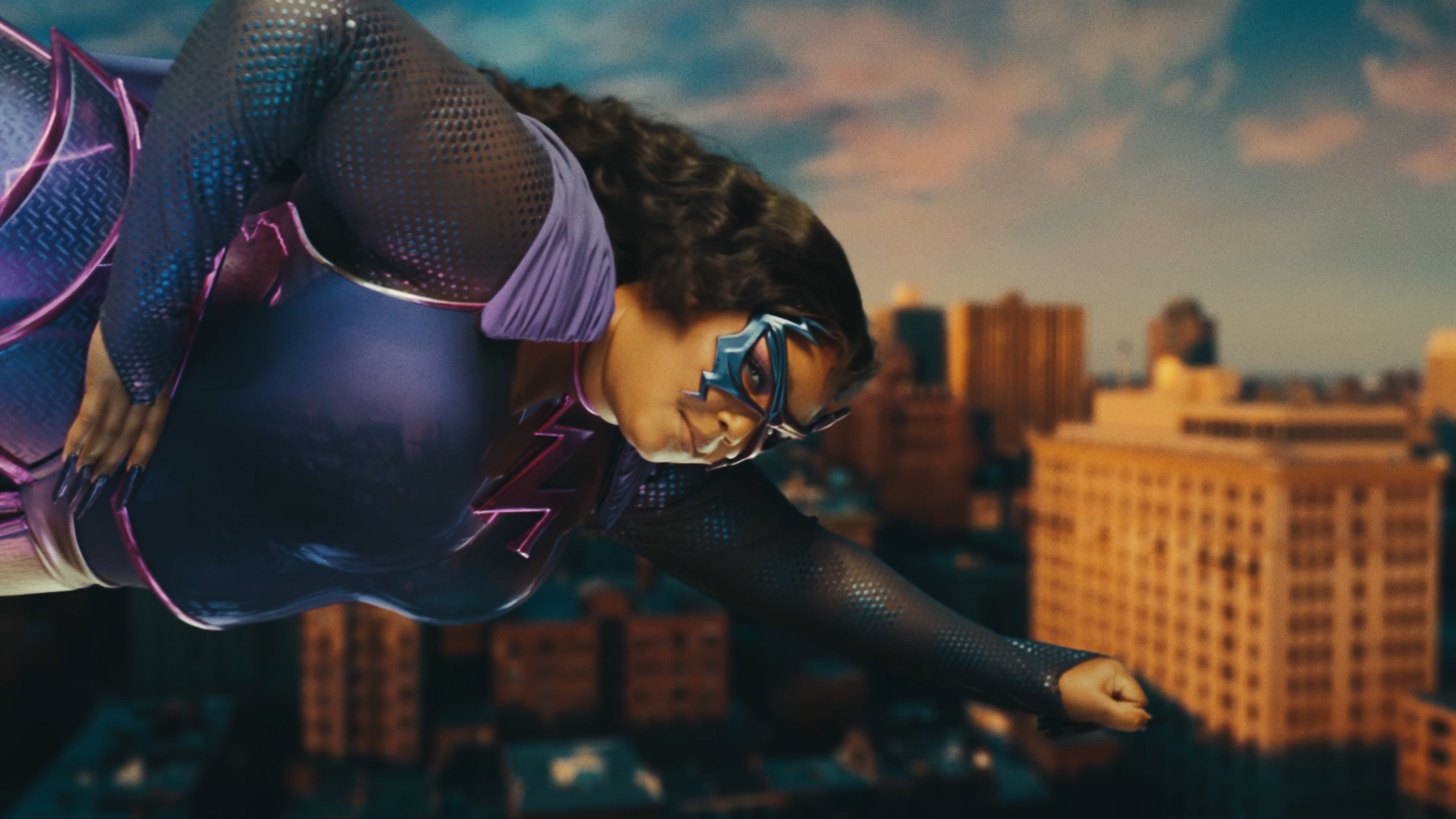 From the ‘Special’ music video: Lizzo is dressed as a superhero and flies above a city